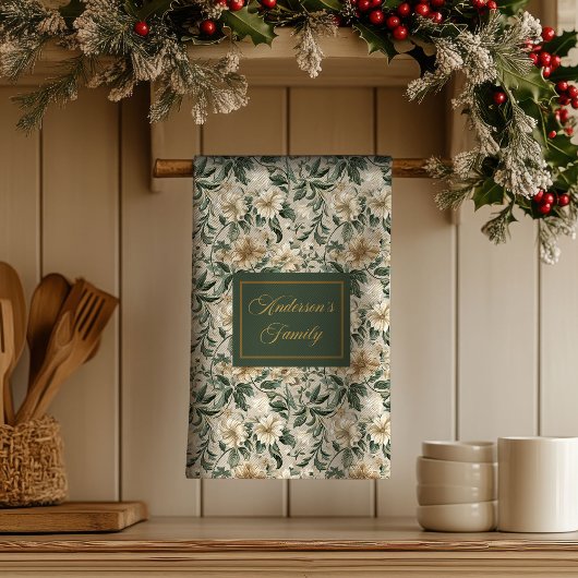 Elegant Floral Art Personalized Green Gold Towel  Theedoek
