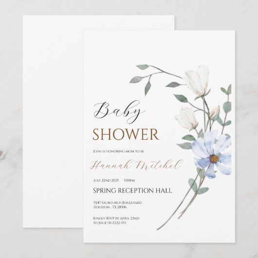 Elegant Floral Baby Shower Invitation Customizable Kaart (Voorkant / Achterkant)