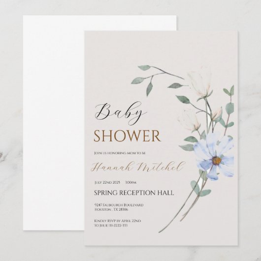 Elegant Floral Baby Shower Invitation Customizable Kaart (Voorkant / Achterkant)