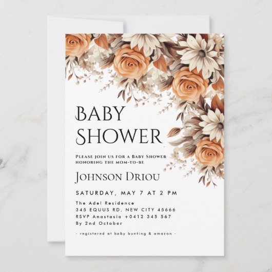 Elegant Floral Baby Shower Invitation Kaart (Voorkant)