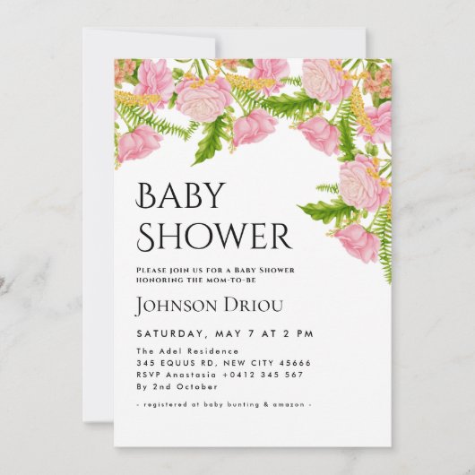 Elegant Floral Baby Shower Invitation Kaart (Voorkant)