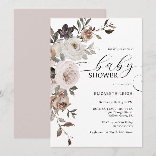 Elegant Floral Baby shower Invitation Kaart (Voorkant / Achterkant)