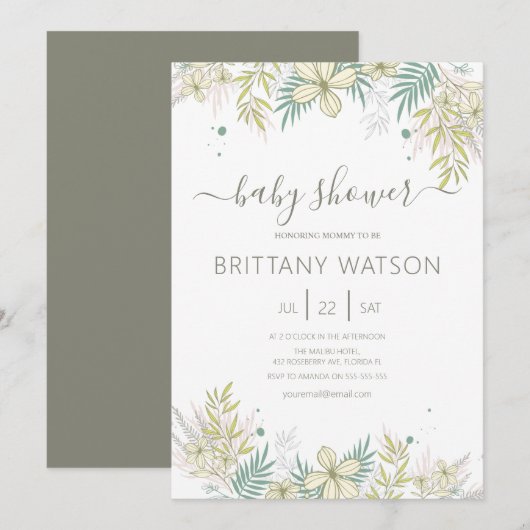 Elegant Floral Baby shower Invitation Kaart (Voorkant / Achterkant)