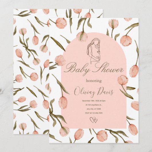 Elegant Floral Baby Shower Invitation – Pink Tulip (Voorkant / Achterkant)