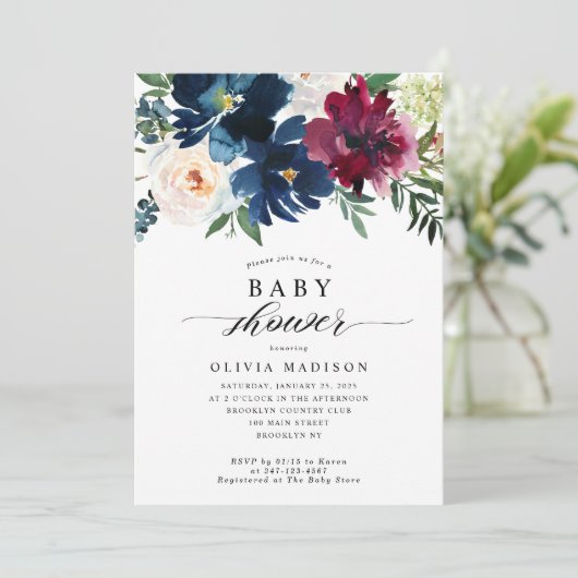 Elegant Floral Baby shower Navy Blue Burgundy Kaart (Staand voorkant)