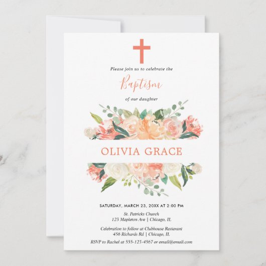 Elegant floral Baptism peach crème greenery Kaart (Voorkant)