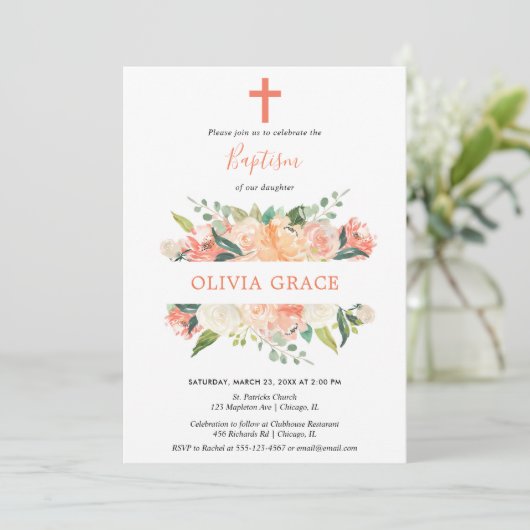 Elegant floral Baptism peach crème greenery Kaart (Staand voorkant)