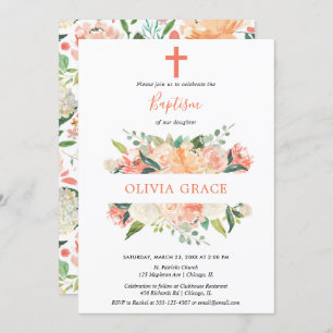 Elegant floral Baptism peach crème greenery Kaart