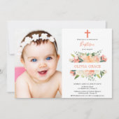 Elegant floral Baptisme peach white girl Kaart (Voorkant)
