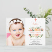 Elegant floral Baptisme peach white girl Kaart (Staand voorkant)