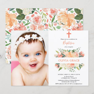 Elegant floral Baptisme peach white girl Kaart