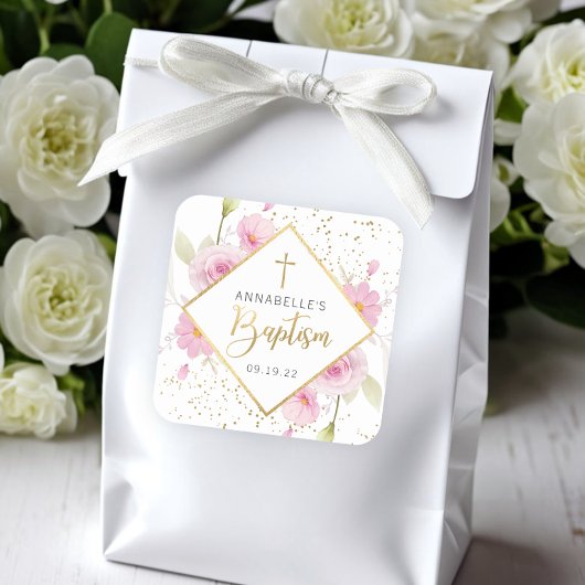 Elegant Floral Baptisme Vierkante Sticker