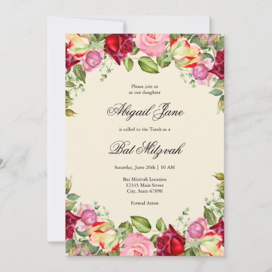 Elegant Floral Bat Mitzvah Kaart (Voorkant)