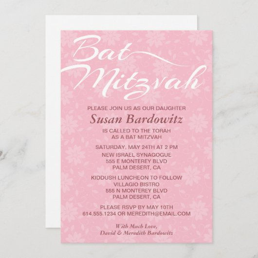 Elegant Floral Bat Mitzvah Uitnodiging (Voorkant / Achterkant)