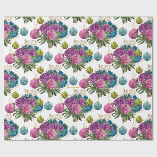 Elegant Floral Bauble Personalized Christmas Cadeaupapier (Vlak)