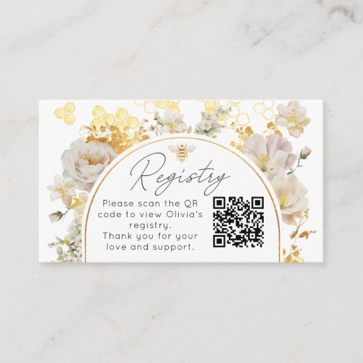 Elegant floral bee Registry QR Code Informatiekaartje (Voorkant)