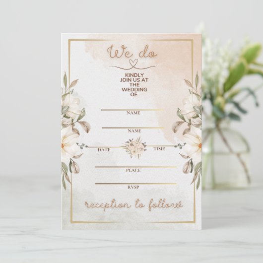 Elegant Floral Beige Watercolor Minimal Gold Frame Kaart (Staand voorkant)