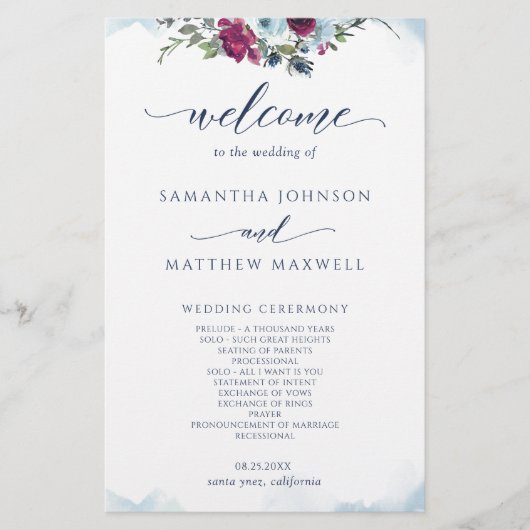 Elegant Floral Berry, Blue en Burgundy Wedding (Voorkant)