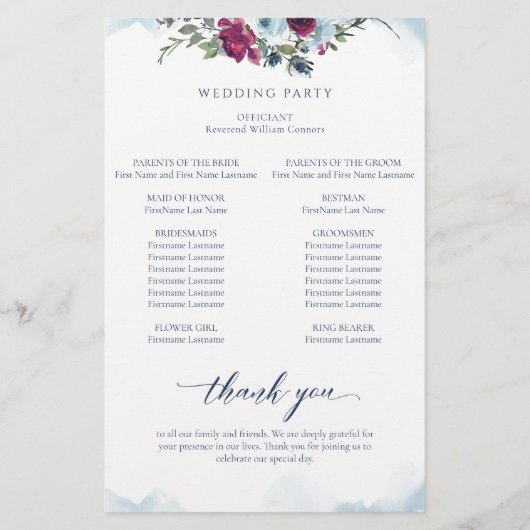 Elegant Floral Berry, Blue en Burgundy Wedding (Achterkant)