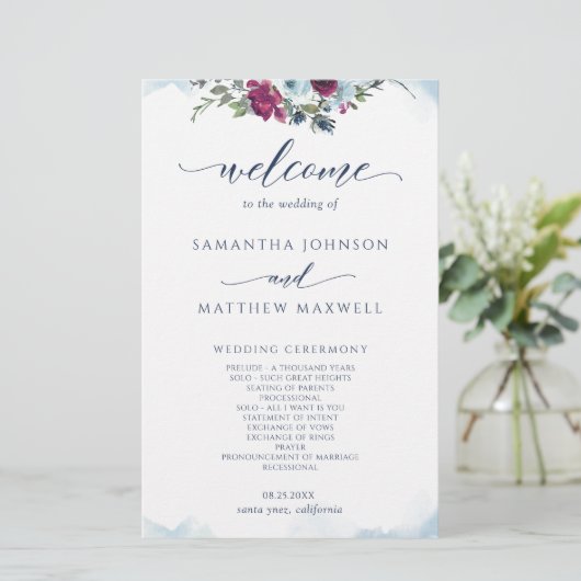 Elegant Floral Berry, Blue en Burgundy Wedding (Staand voorkant)