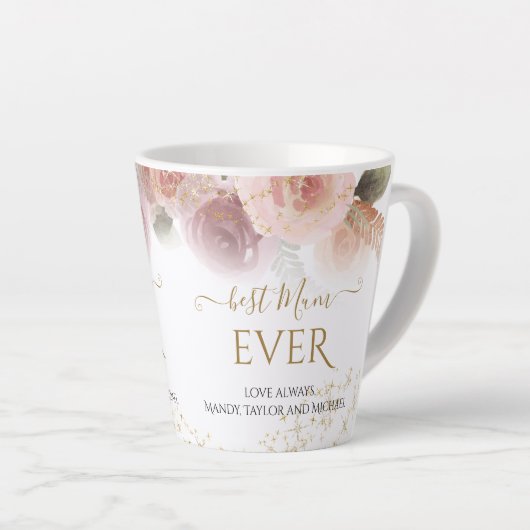 Elegant Floral Best Mum Ever Gold Glitter Names Latte Mok (Rechterhoek)