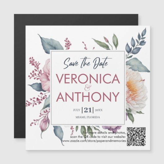 Elegant Floral bewaar de Datum QR-code bruiloft Magnetische Uitnodiging (Voorkant / Achterkant)