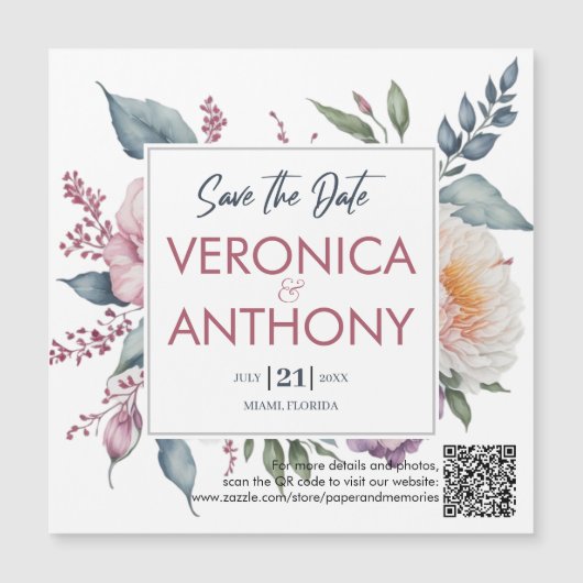 Elegant Floral bewaar de Datum QR-code bruiloft Magnetische Uitnodiging (Voorkant)