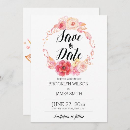 Elegant Floral bewaar de datumkaarten met spat Save The Date (Voorkant / Achterkant)