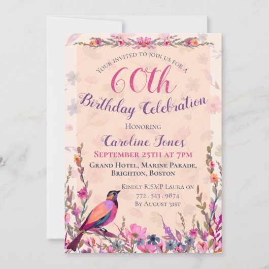 Elegant Floral Bird 60th Birthday Party Invitation Save The Date (Voorkant)