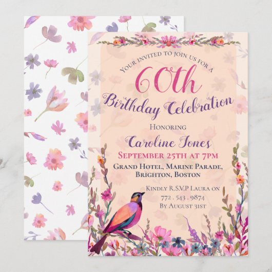 Elegant Floral Bird 60th Birthday Party Invitation Save The Date (Voorkant / Achterkant)
