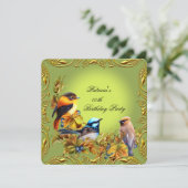Elegant Floral Bird Green Gold Birthday Party Kaart (Staand voorkant)