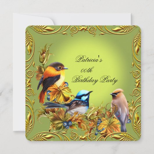 Elegant Floral Bird Green Gold Birthday Party Kaart (Voorkant)