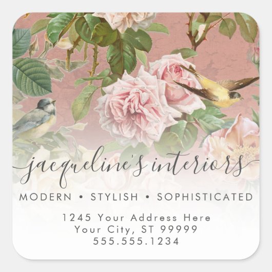 Elegant Floral  Birds Dusty Pink Roses Vierkante Sticker (Voorkant)