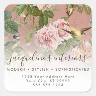 Elegant Floral  Birds Dusty Pink Roses Vierkante Sticker