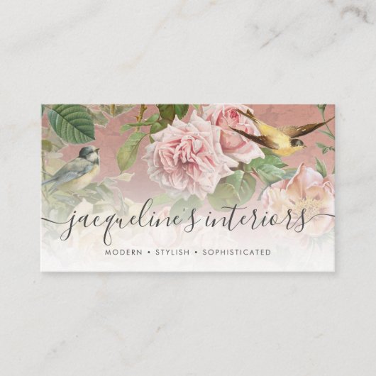 Elegant Floral  Birds Rozen Dusty Pink Visitekaartje (Voorkant)
