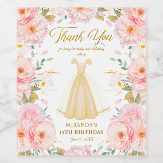 Elegant Floral Birthday en Quinceanera Hartelijk d Wijn Etiket (Enkel label)