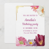 Elegant Floral Birthday Invitation with Gold Frame Kaart (Voorkant / Achterkant)