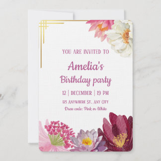 Elegant Floral Birthday Invitation with Gold Frame Kaart