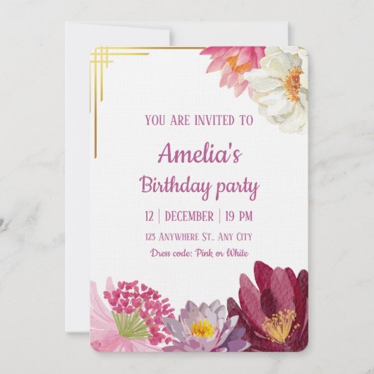 Elegant Floral Birthday Invitation with Gold Frame Kaart (Voorkant)