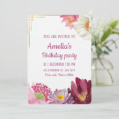 Elegant Floral Birthday Invitation with Gold Frame Kaart (Staand voorkant)
