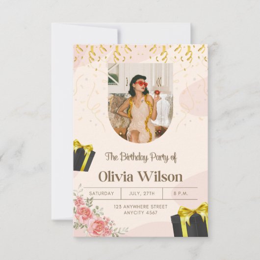 Elegant Floral Birthday Party Invitation Bedankkaart (Voorkant)