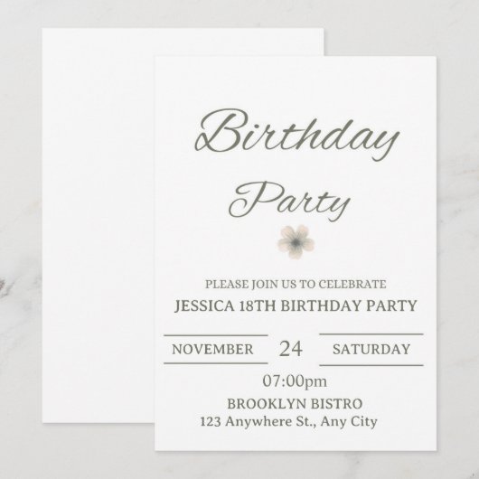 Elegant Floral Birthday Party Invitation – Minimal Kaart (Voorkant / Achterkant)