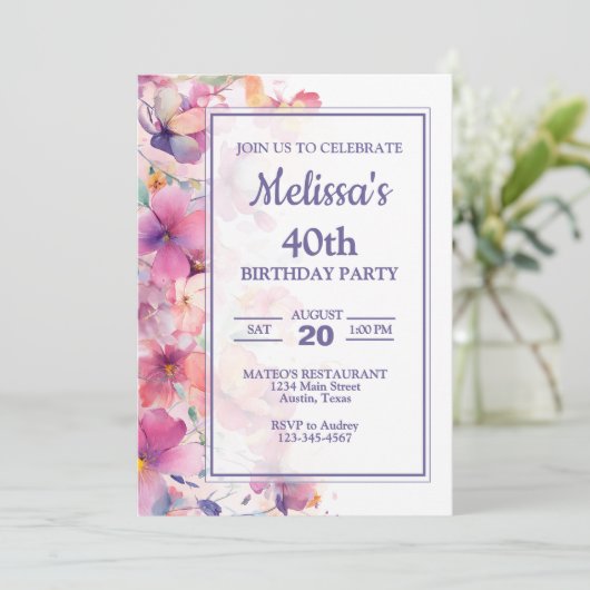 Elegant Floral Birthday Party Kaart (Staand voorkant)