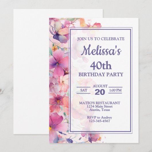 Elegant Floral Birthday Party Kaart (Voorkant / Achterkant)