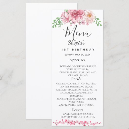 Elegant Floral Birthday Party Menu (Voorkant / Achterkant)
