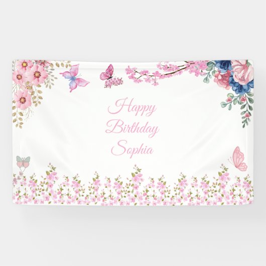 Elegant Floral Birthday Party Spandoek (Horizontaal)