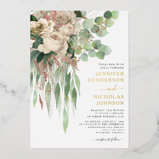 Elegant Floral Black and White Gold Wedding Folie Uitnodiging (Voorkant)