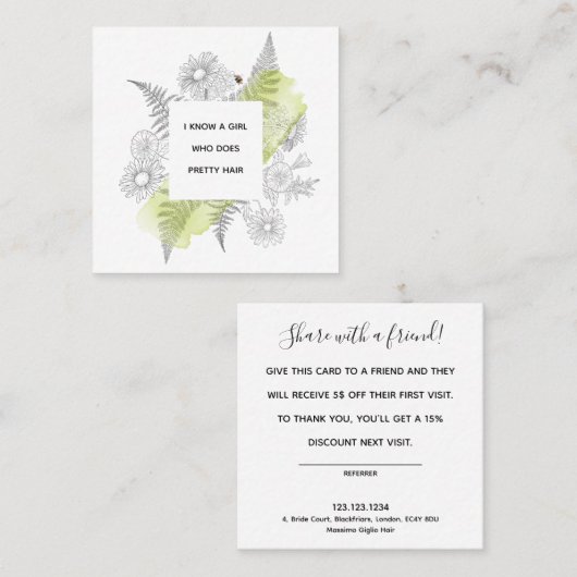 Elegant Floral Black and White Referral-kaart Vierkante Visitekaartje (Voorkant / Achterkant)