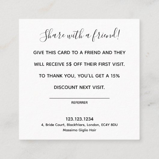 Elegant Floral Black and White Referral-kaart Vierkante Visitekaartje (Achterkant)