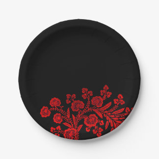 Elegant Floral Black en Red Papieren Bordje